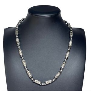 Openwork Cylinder Silver Hematite Beaded Princess Necklace 17"